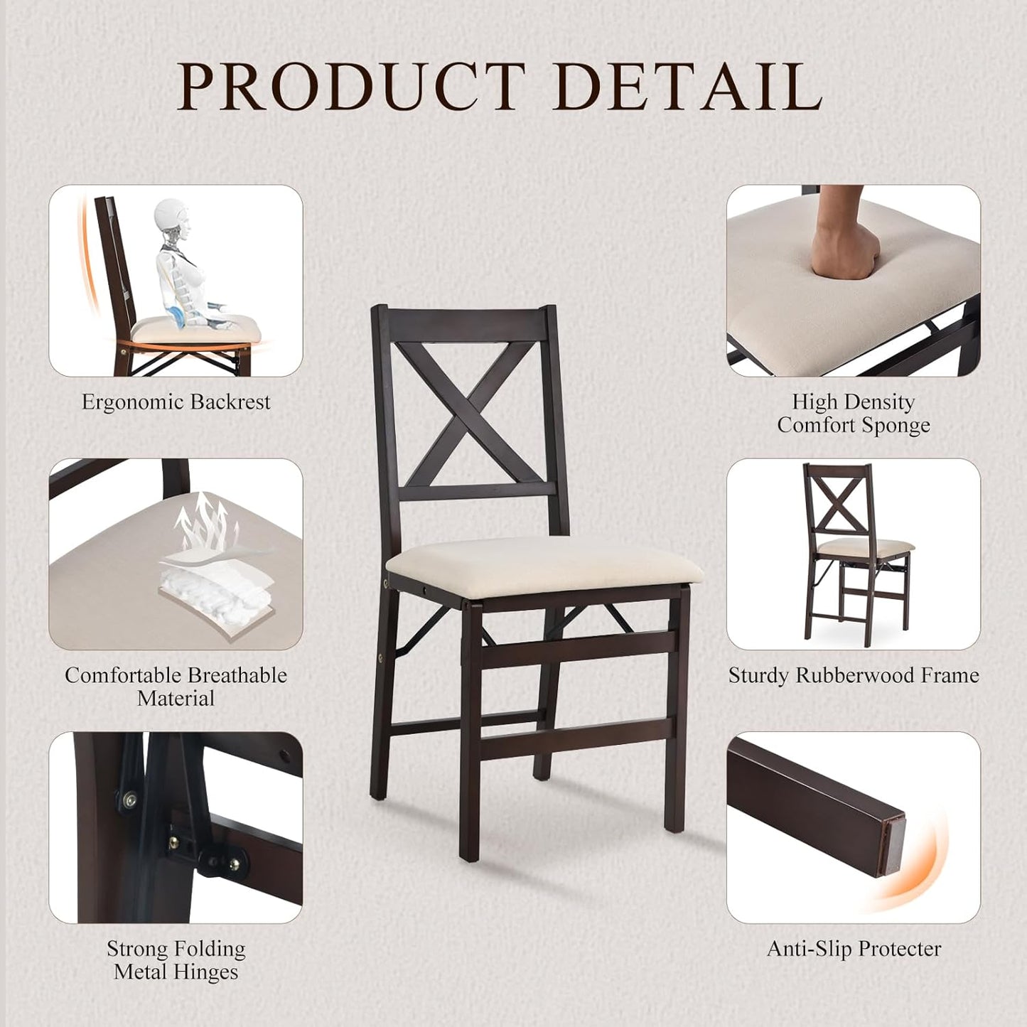 COLAMY Folding Dining Chairs Set of 6, Foldable Chairs with Padded Seats, Wood Folding Dining Room Chairs for Dinner, Kitchen, Party, Camping, Beige