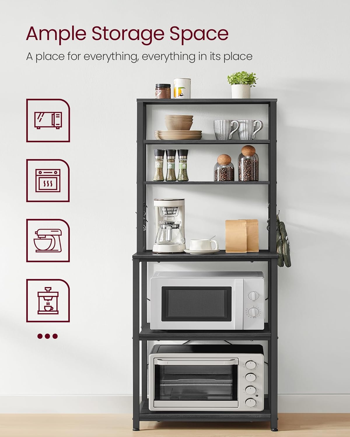 VASAGLE Coffee Bar, Baker’s Rack for Kitchen with Storage, 6-Tier Kitchen Shelves with 6 Hooks, Microwave Stand, Industrial, 15.7 x 23.6 x 65.7 Inches, Charcoal Gray and Black UKKS024B22