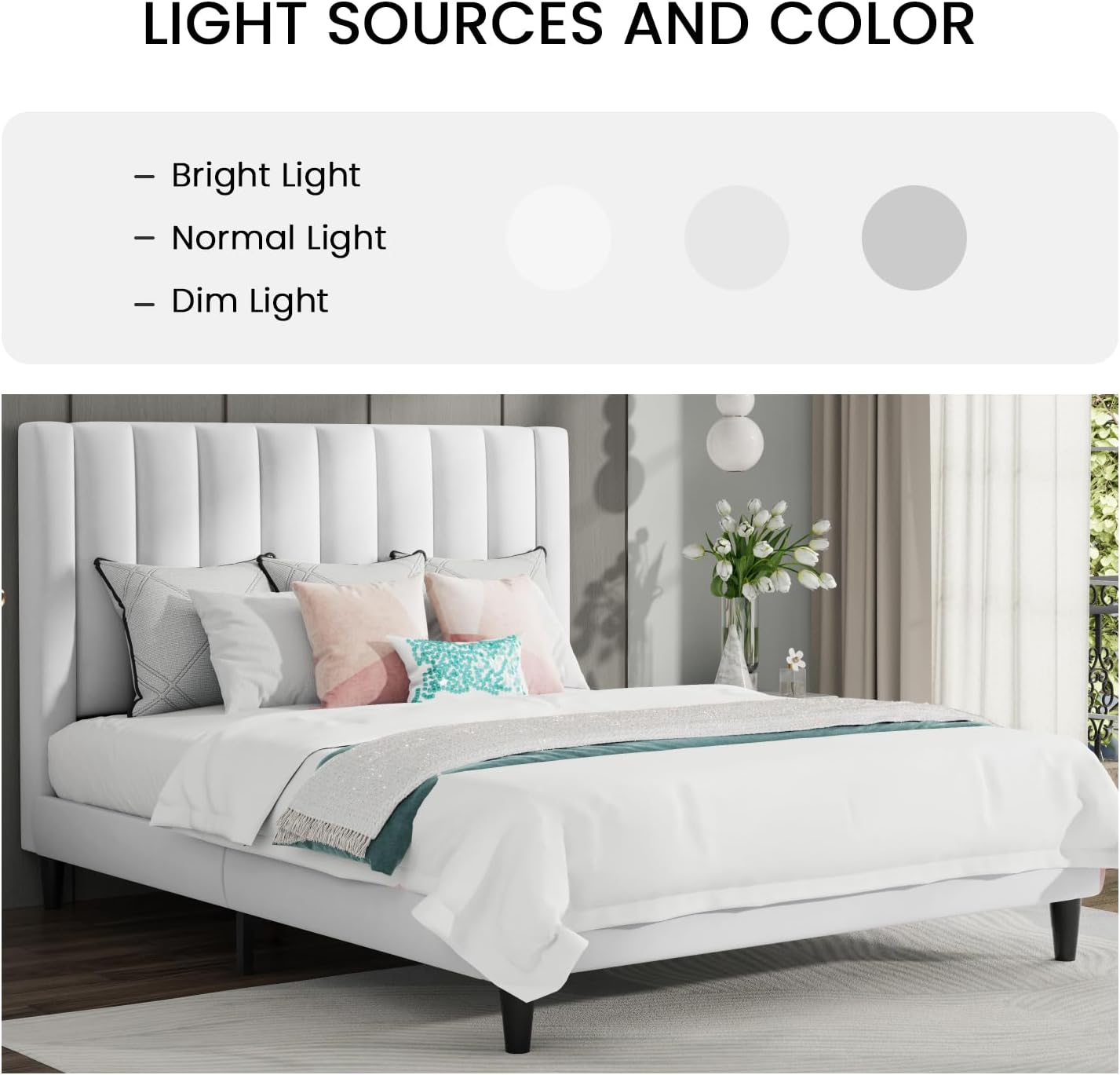 SHA CERLIN King Bed Frame/Velvet Upholstered Platform Bed Frame with Headboard/Strong Wood Slats Support/Mattress Foundation/No Box Spring Needed/Easy Assembly/White