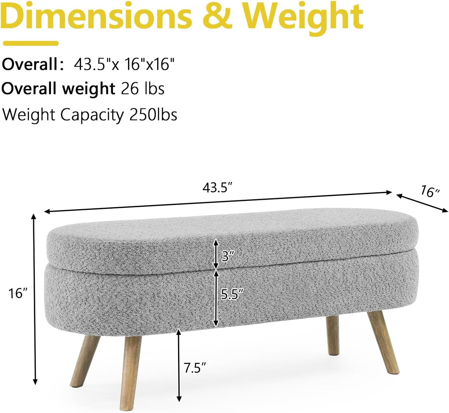 NicBex Ottoman Bench with Storage for Bedroom, 43.5" Upholstered End of Bed Bench with Rubber Wood Legs, Linen Storage Bench for Living Room or Entryway,