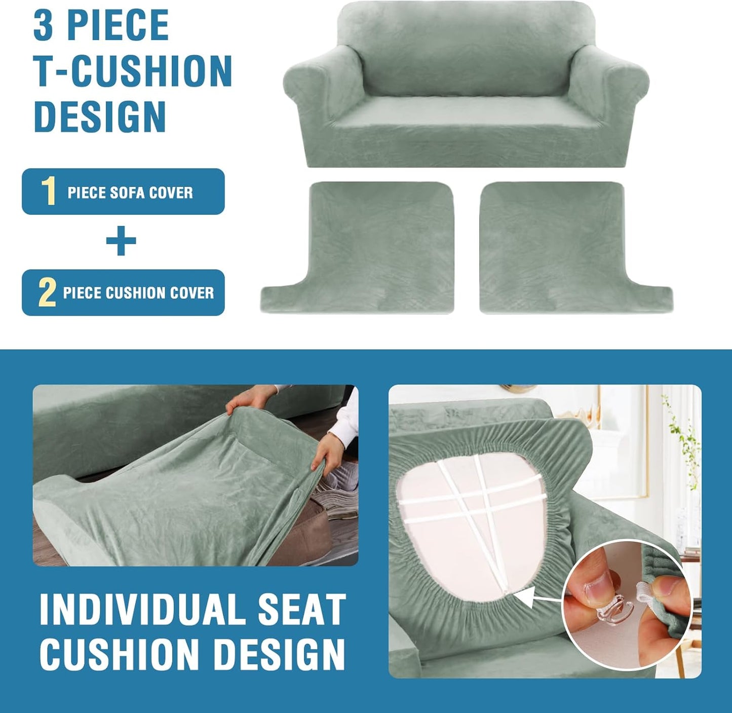 H.VERSAILTEX Sofa Cover 3 Piece T Cushion Loveseat Slipcovers Thick Velvet Couch Cover Stretch T Cushion Sofa Covers for 2 Cushion Couch with 2 Individual T Cushion Covers Washable, Sea Grass