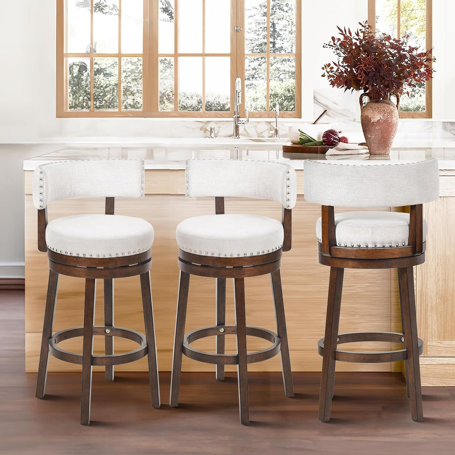 COLAMY Swivel Bar Stools Set of 3, Swivel Counter Height Barstools with Back, 30 Inch Modern Upholstered Bar Stools for Kitchen Island Dining Room Bar, Beige