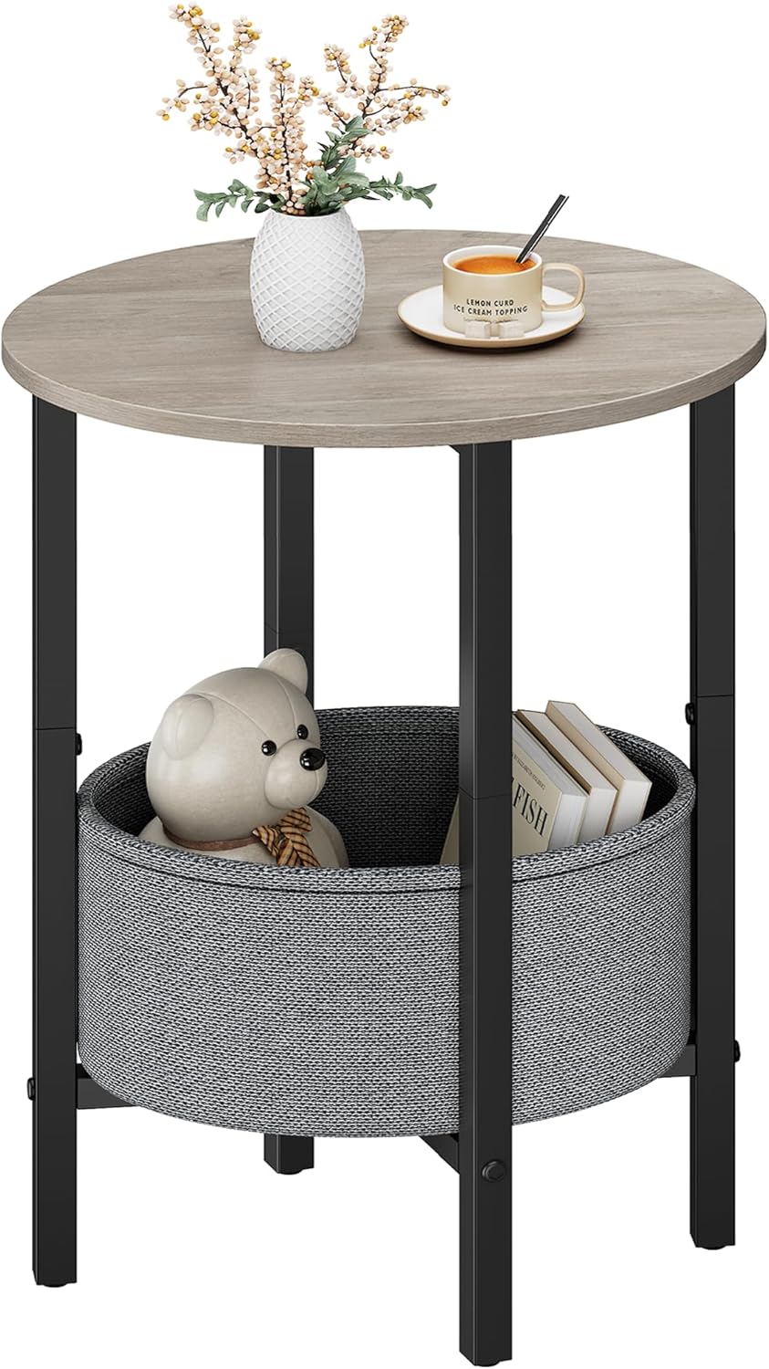 Vagusicc Round Side Table End Table with Storage Basket, Small Side Table Round Nightstand for Small Spaces, Tall Oval End Table with Steel Frame, Coffee Bedside Table for Living Room Bedroom, Greige