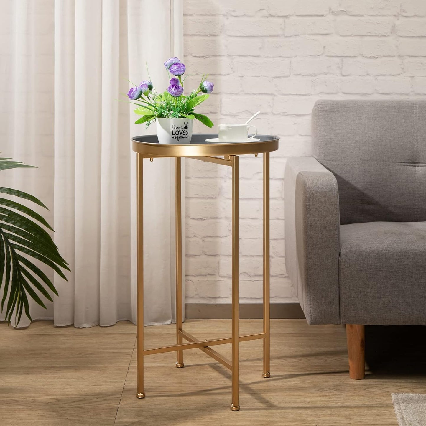 HollyHOME Small Round Metal Waterproof End Table, Accent Indoor&Outdoor Coffee Side Table, Snack Sofa Table for Living Room, Anti-Rust Decorative Plant Stand, (D) 14.5" x (H) 25", Gold/Grey