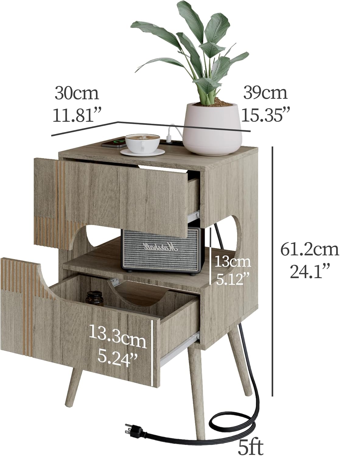 Nightstand with Charging Station and LED Lights,Modern Bedside Table with 2 Storage Drawer,Night Stand with Solid Wood Legs,White (Grey Osk)