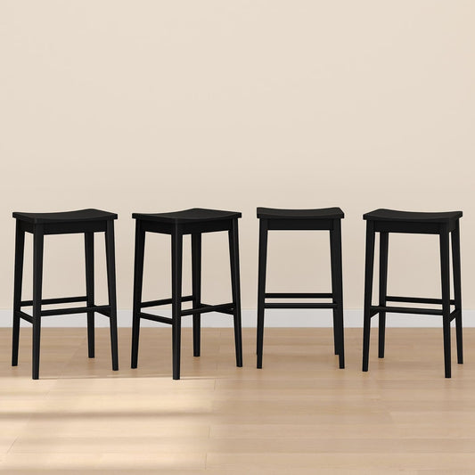 Plank+Beam Smythe Bar Stool, 30", Set of 4, Sturdy Wood Modern Kitchen Bar Height Stool, Saddle Seat Backless Bar Chair, Metal Footrest, Black