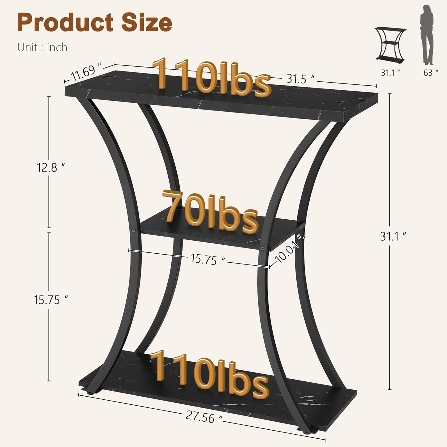 Hoctieon 3 Tier Console Table with Open Wood Shelves, Decorative Entryway Table with Curved Metal Frames, Narrow Sofa Table for Entrance, Living Room, Hallway, Black Marbled