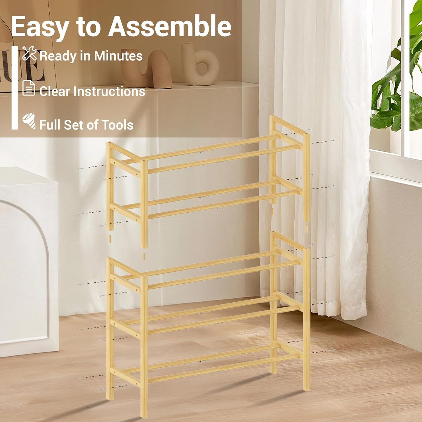 Haddockway Bamboo Shoe Rack for Closet, Free Standing Shoe Organizer with Smooth Round Rods & Convenient Handles, Stackable Shoe Storage Shelf for Entryway, Hallway(Natural, 5-Tier)