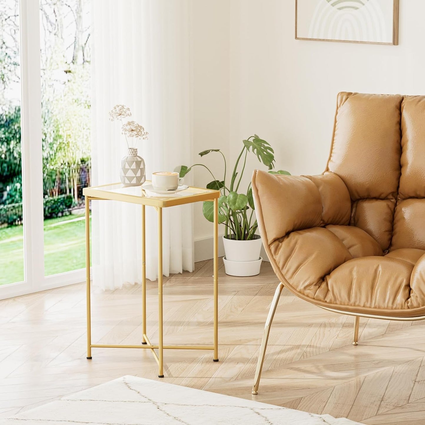 Garden 4 you Small Side Table, Glass End Table, Outdoor Side Table with Metal Frame, Mini Bedside Table for Living Room, Bedroom, Patio, Small Space, Gold