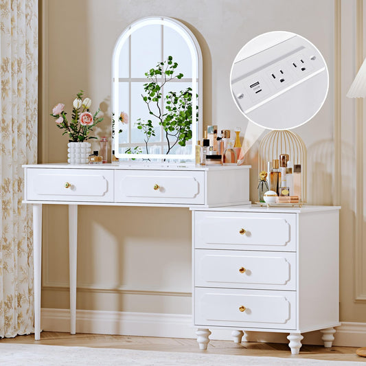 White,Vanity Desk with Mirror and Lights,Makeup Vanity with Power Outlet and Adjustable Cabinet,Modern Makeup Table with 3 Drawers for Bedroom Makeup Room