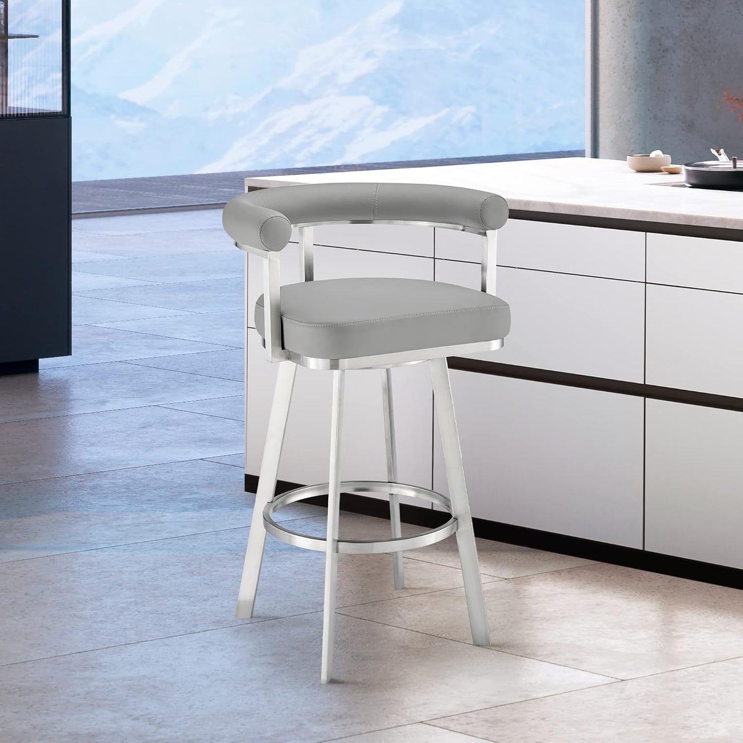 Armen Living Magnolia Swivel Counter Stool in Brushed Stainless Steel with Light Grey Faux Leather