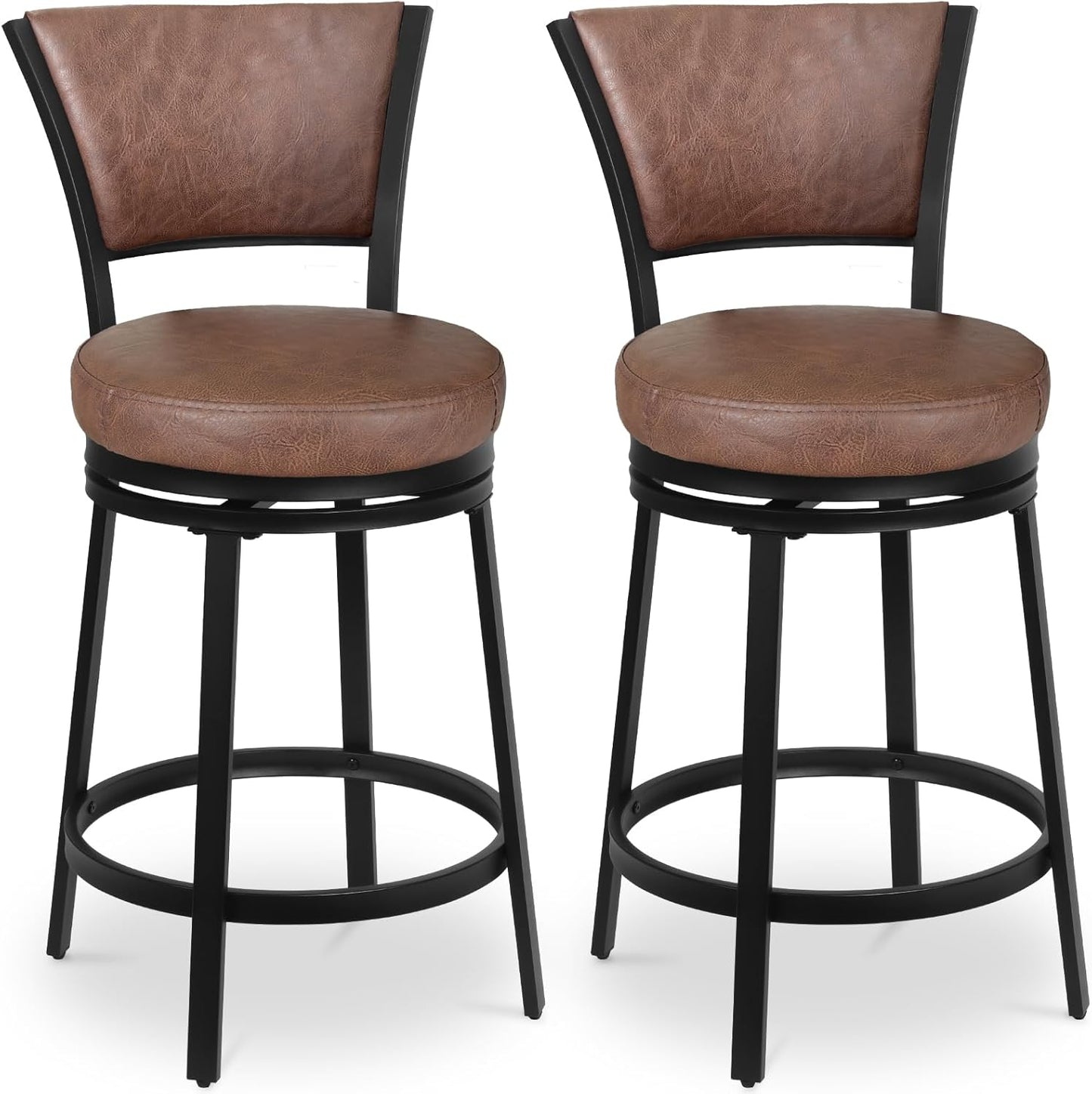 Bar Stools, Counter Height Barstools Set of 2, 25" Faux Leather Metal Round Swivel Bar Chairs with Back, Modern Upholstered Counter Stools for Kitchen Island, Brown