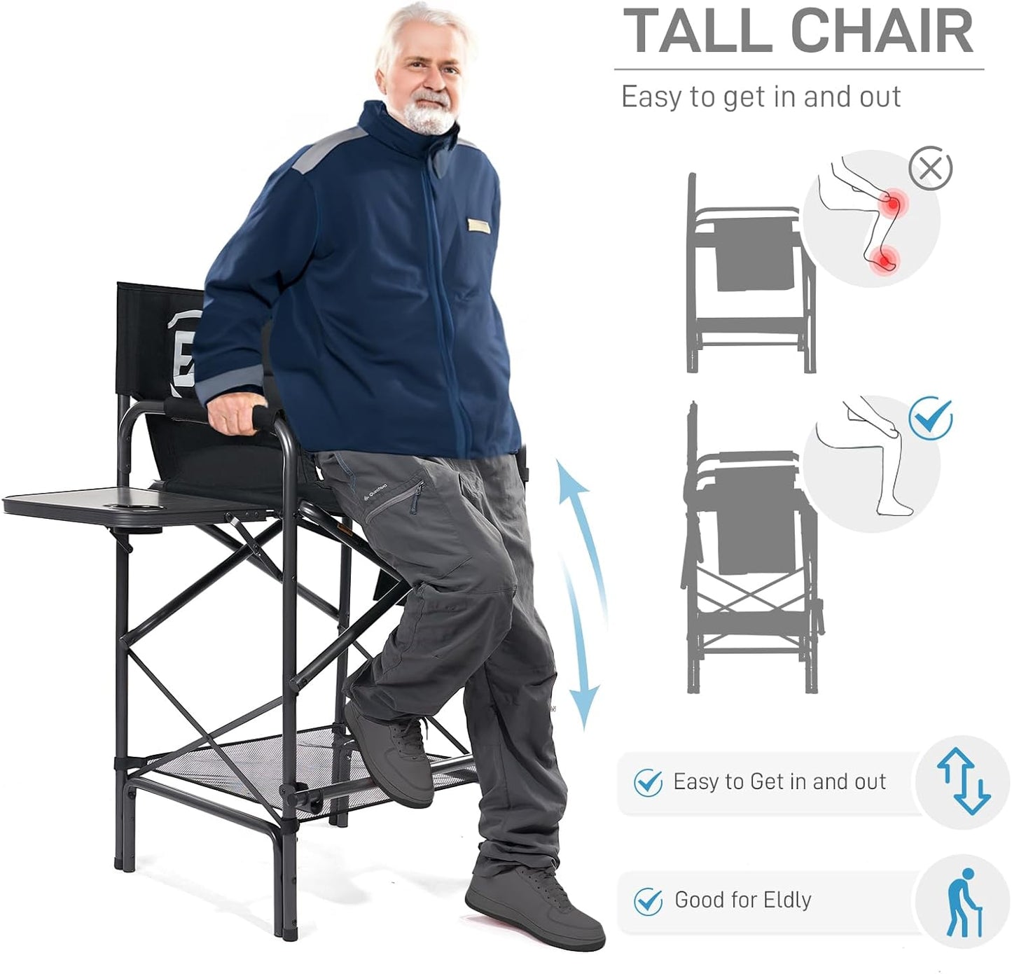 EVER ADVANCED 30.7" Seat Height Directors Chair for Makeup Artist with Side Table Easy Get in Out for Elderly Tall Camping Chair Supports 350lbs Black