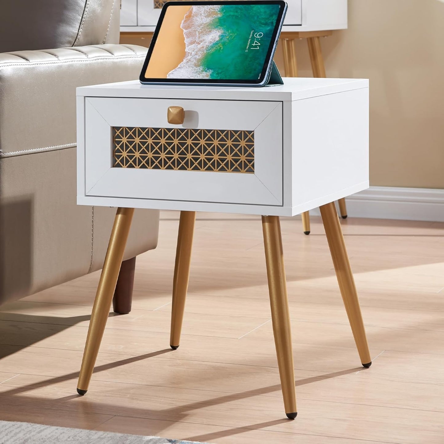 Modern Style Side Table, End Table with Drawer for Living Room, Square Wooden Small Nightstand, White