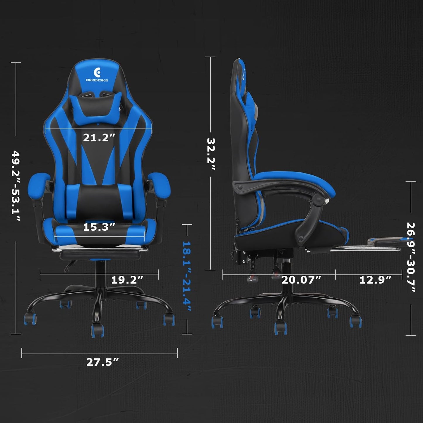 Gaming Chair with Linkage Armrest & Footrest, High Back Video Gaming Chair, Black/Blue