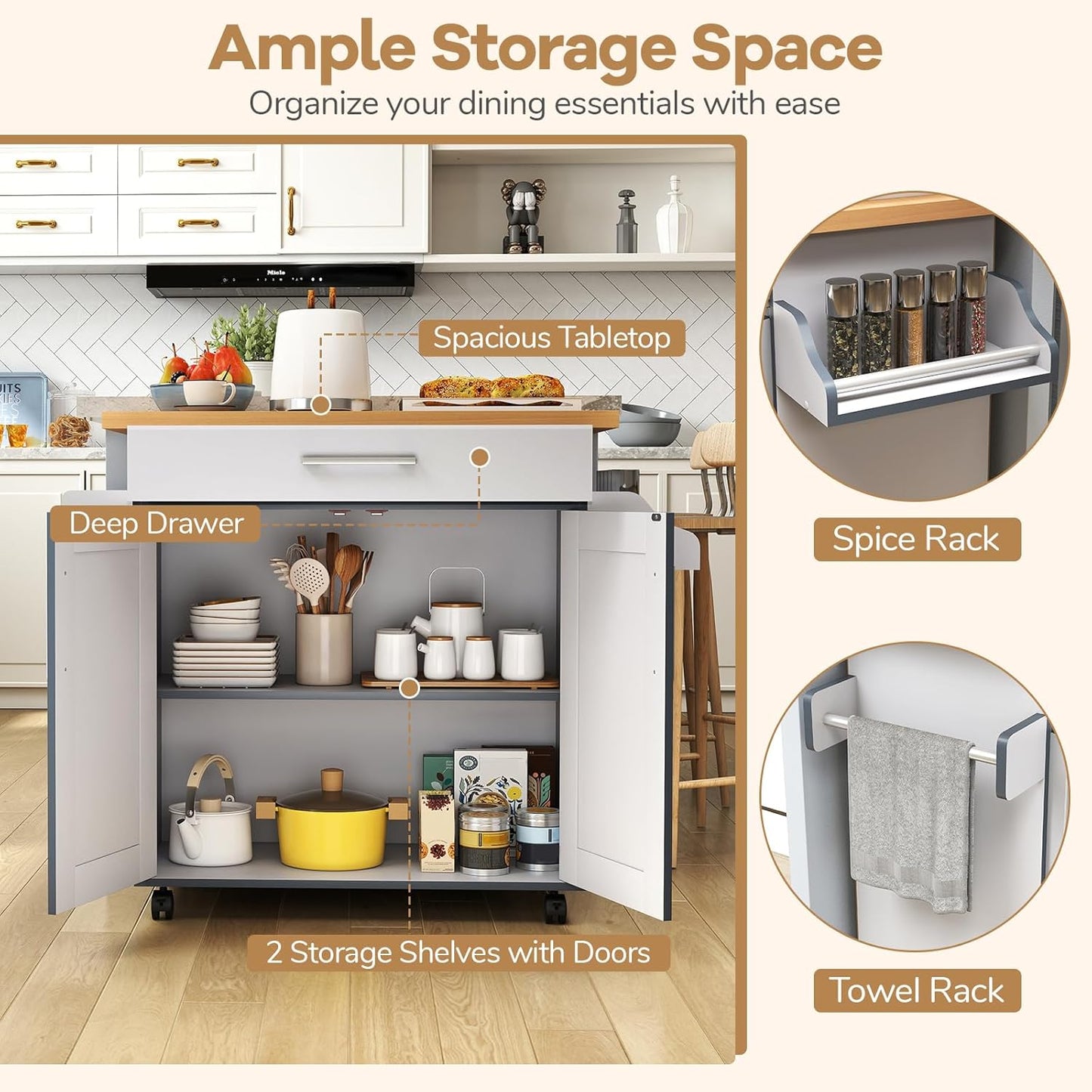 COSTWAY Kitchen Island On Wheels, Rolling Storage Trolley Cart with Large Cabinet, Drawer, Spice Rack and Towel Rack, Kitchen Serving Utility, 3-Position Adjustable Shelf (Grey)
