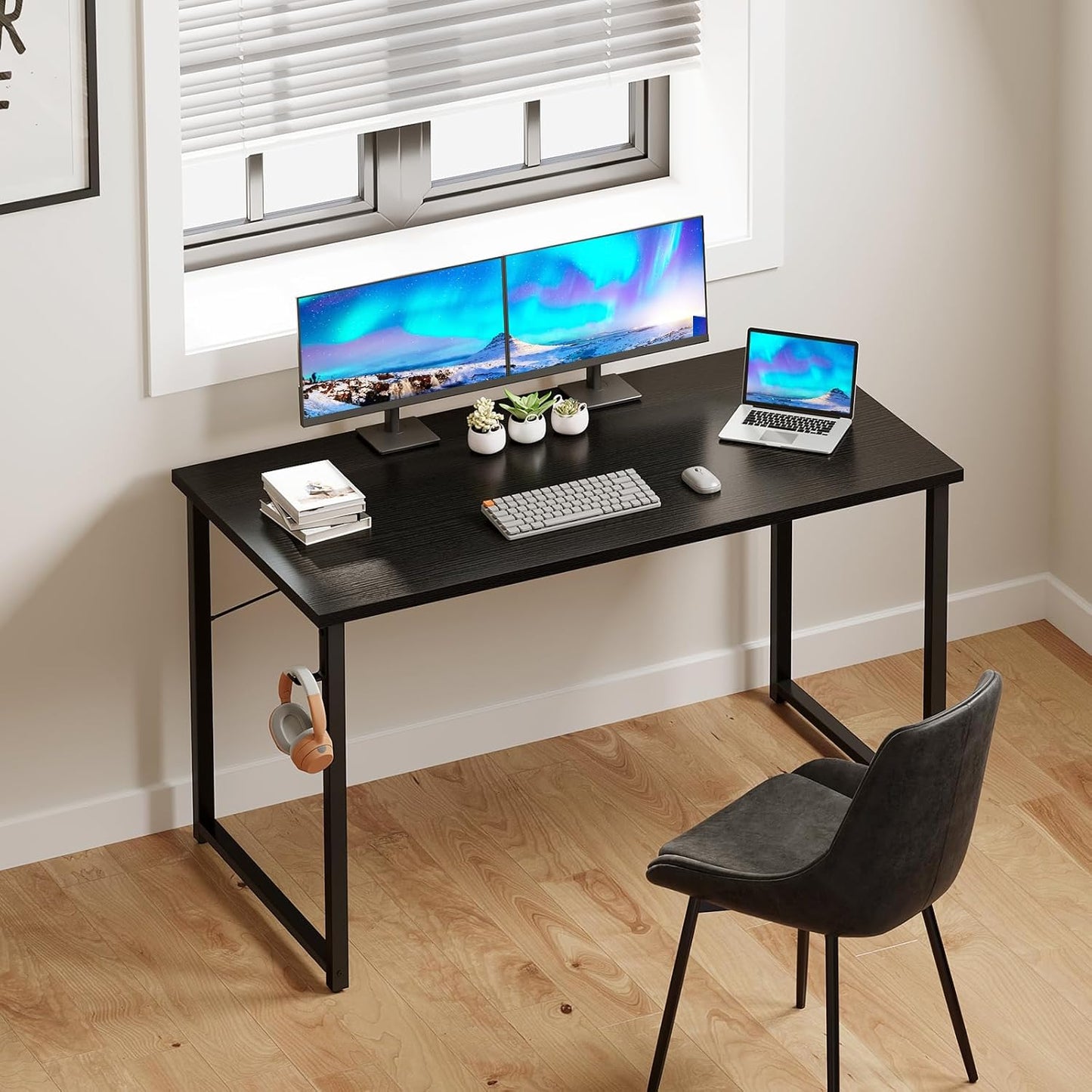 ODK 48 Inches Computer Desk for Small Spaces, Study Table for Home Office, Writing Desk with Headphone Hooks, Black