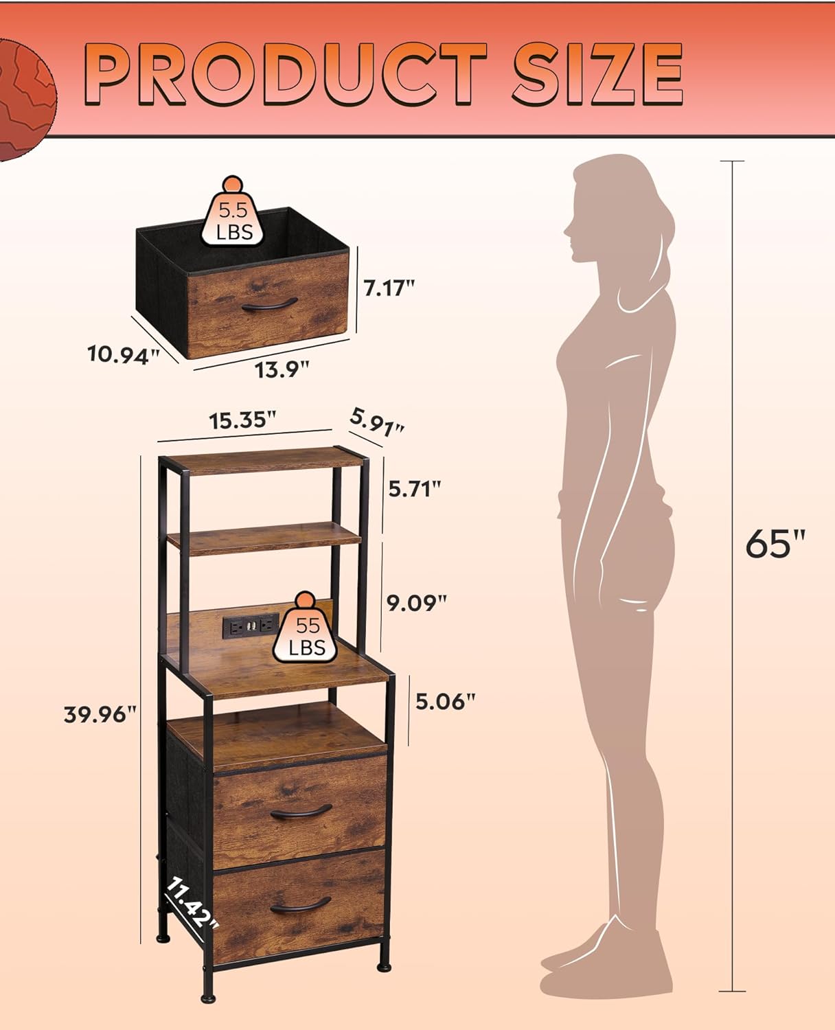 WLIVE Nightstand with Charging Station, LED Night Stand with 2 Drawers and 4 Storage Open Shelves, Fabric Dresser for Bedroom, Rustic Brown