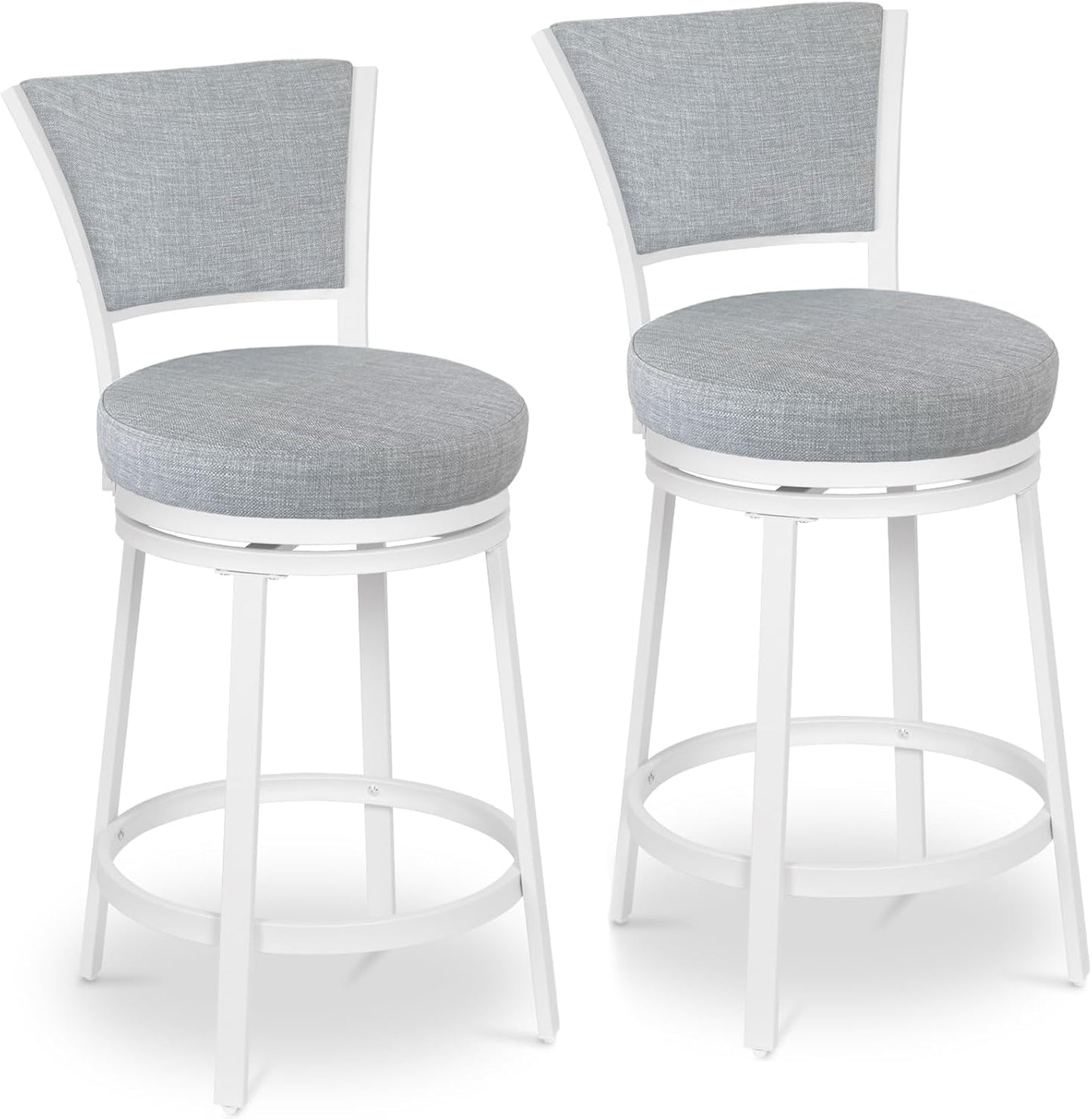 Bar Stools, Counter Height Barstools Set of 2, 25" Linen Fabric Metal Round Swivel Bar Chairs with Back, Modern Upholstered Counter Stools for Kitchen Island, Grey & White