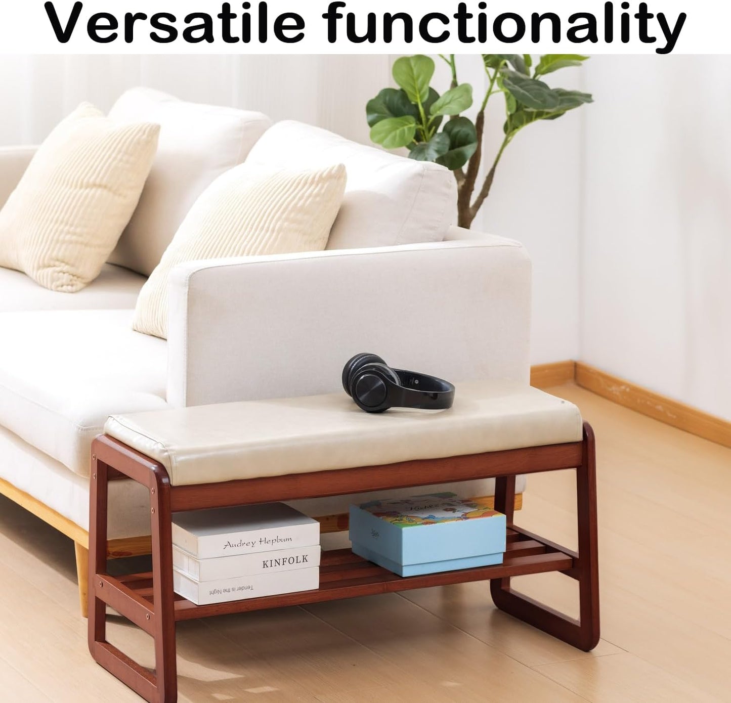 Shoe Rack Bench, Solid Wood Entryway Bench, Shoe Storage with Cushion Seat for Entry, Hallway (Beige-31.5")