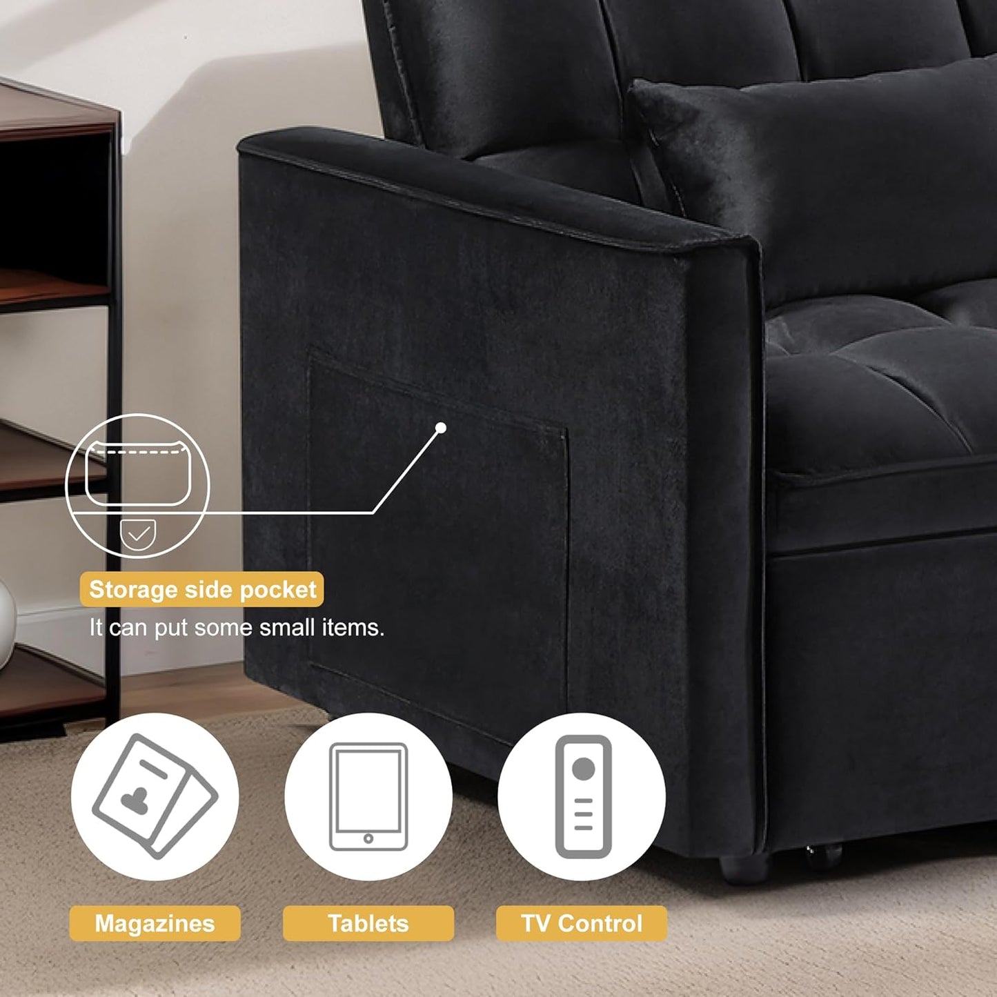 3 in1 Sofa Bed, Pull-Out Sleeper Sofa Bed with 3-Level Adjustable Backrest, Velvet Fabric Convertible Love Seat Sleepers Beds for Living Room & Bedroom & Apartment, Black