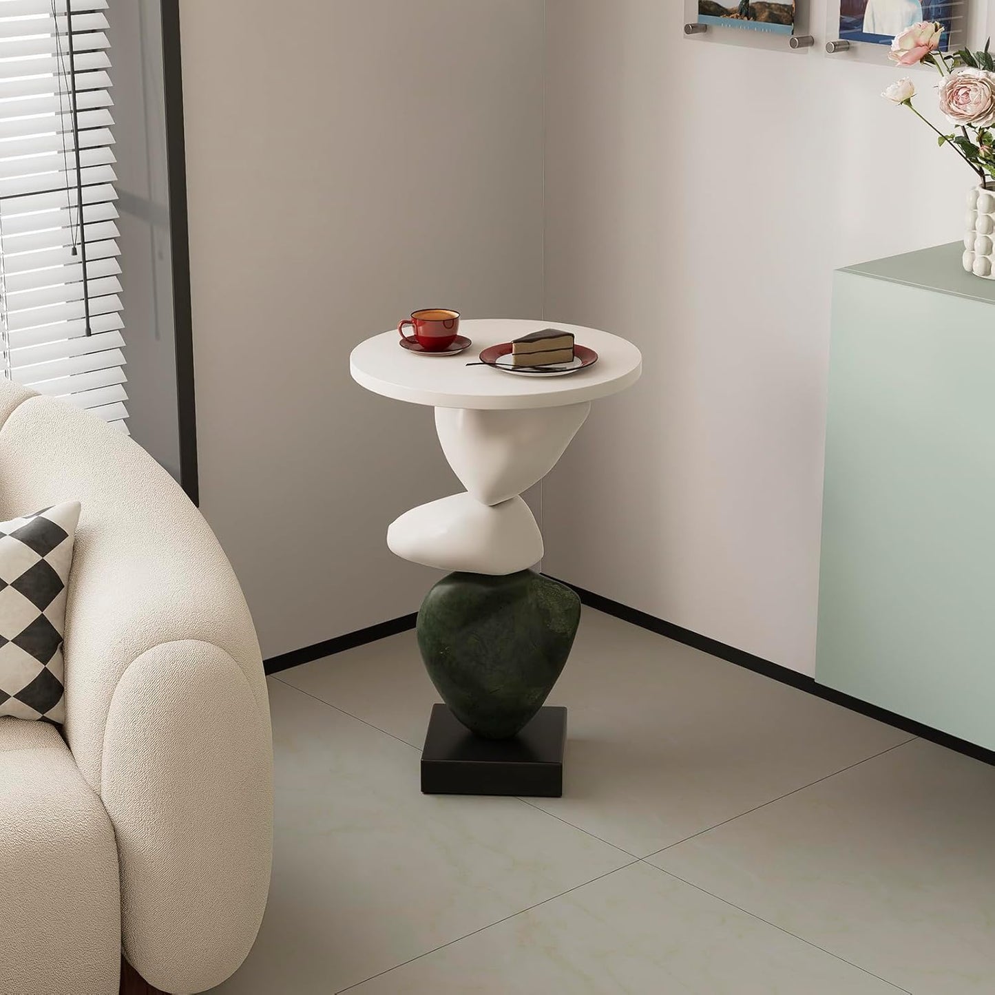 Luxury Coffee Table, Marble Style Side Table with Stacked Pebbles Design, Morden Style Oval Stone End Table for Living Room, Bedroon and Office