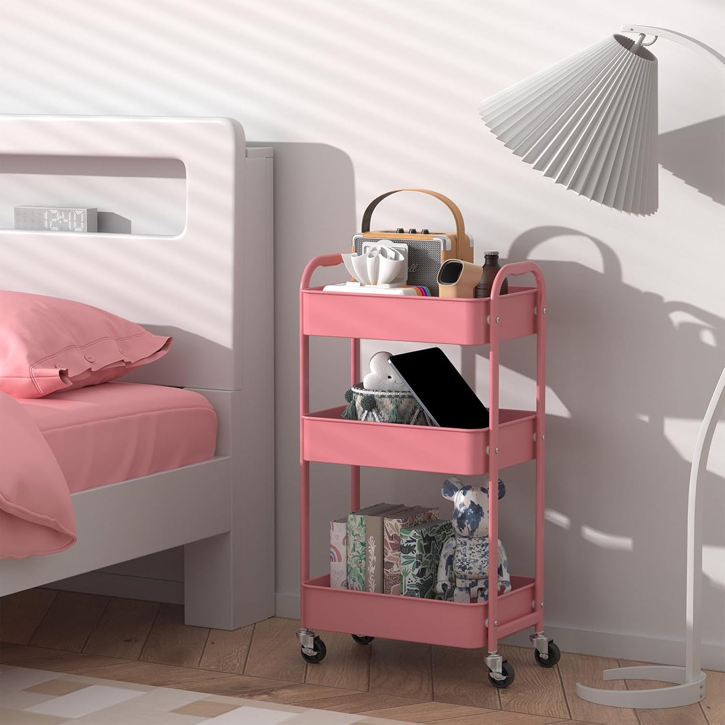 MAX Houser 3-Tier Rolling Utility Cart with Caster Wheels,Easy Assembly, for Kitchen, Bathroom (Pink)