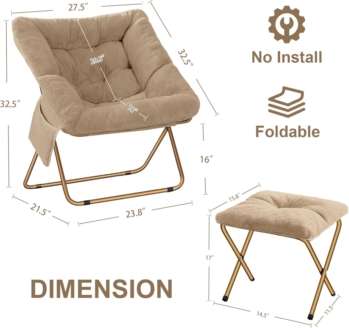 Comfy Saucer Chair for Adults, Foldable Living Room Chairs, Soft Faux Fur Lounge Chair for Bedroom, Reading Chairs, X-Large (Ottoman-Beige)