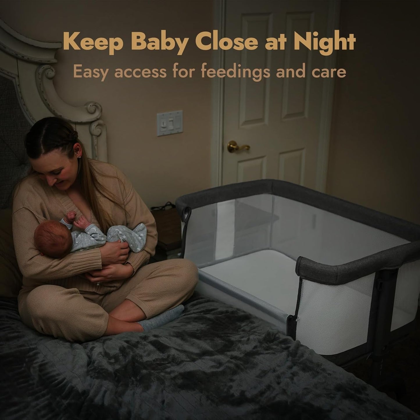 Papablic Baby Bassinet, Bedside Bassinet for Baby with Four-Sided Breathable Mesh & Soft Mattress, Adjustable Bassinet Bedside Sleeper with Storage Basket and Wheels, Easy to Assemble, Gray