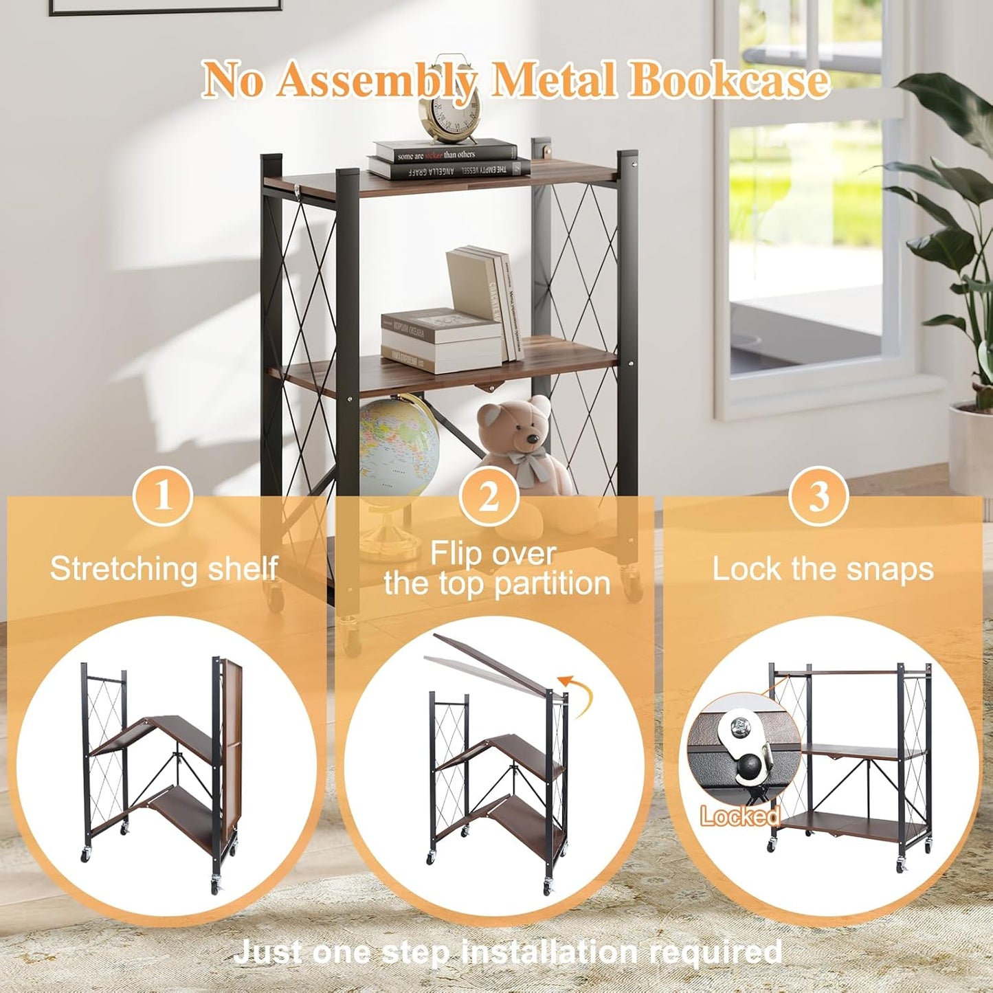 BAOYOUNI 3-Tier Vintage Industrial Bookshelf - No Assembly Folding Storage Shelf with Woodgrain Finish | Collapsible Metal Bookcase for Living Room, Office & Bedroom