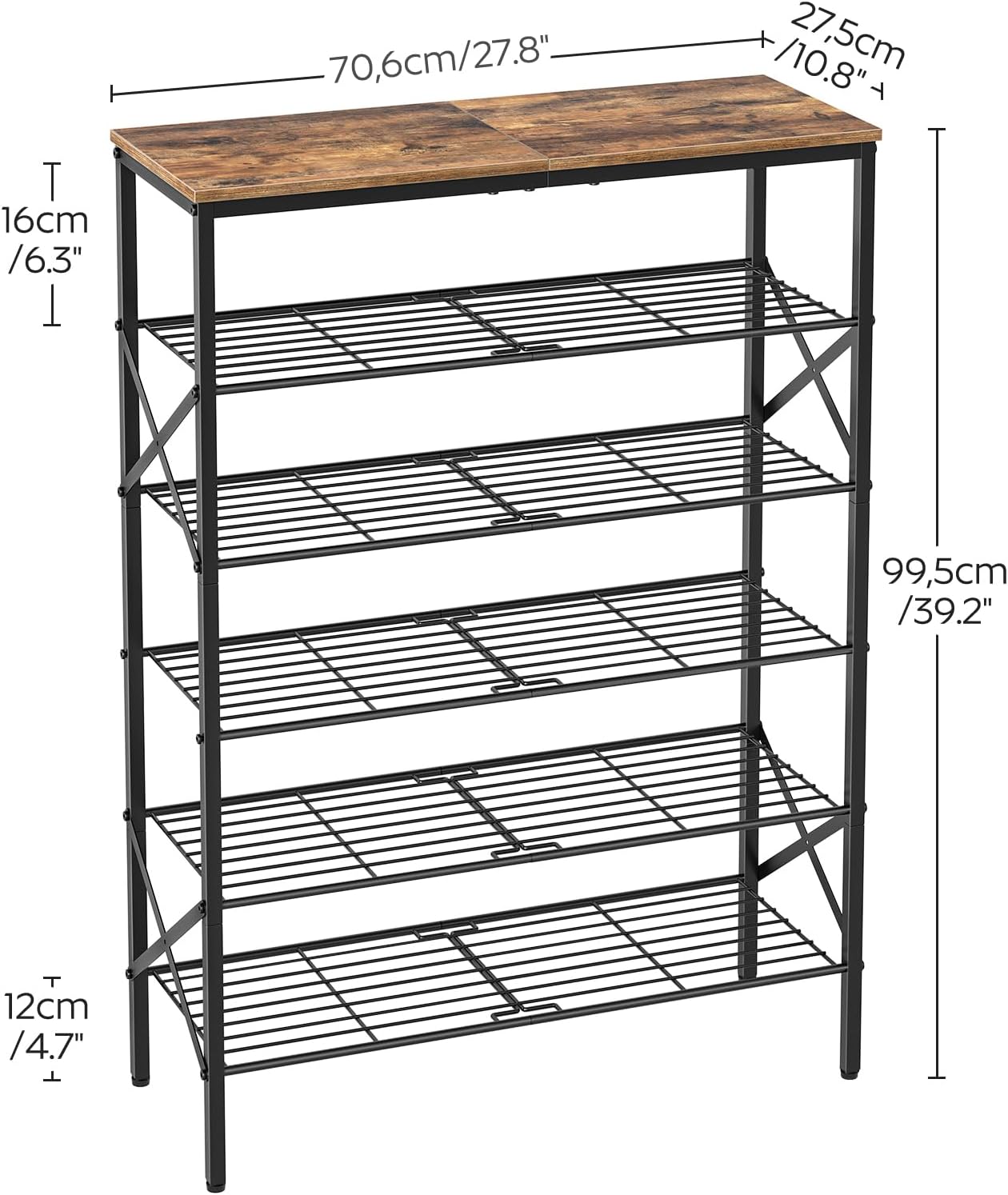 6-Tier Shoe Rack, Shoe Storage Organizer for Closet, Free Standing Shoe Organizer with Metal Mesh Shelves, 24 Pairs of Shoes, Rustic Brown and Black SS06BR