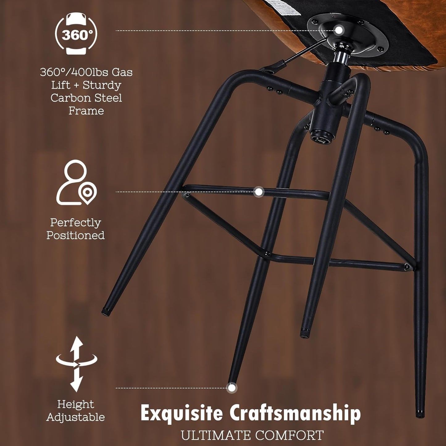 VECELO Quilted Bar Stools Set of 2, Adjustable Bar Height Swivel Bar Stools with Back, PU Leather with Stitching, Mid-Century Modern, 100% Virgin Cotton, 28~31" Tall, for Kitchen, Pub, Caramel Brown