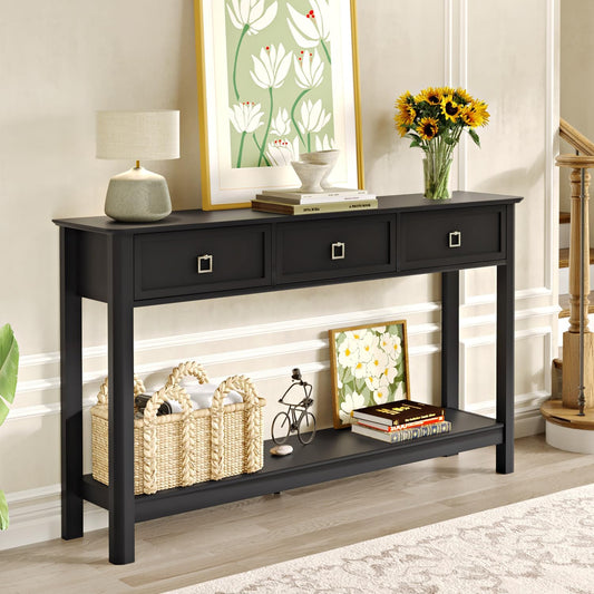 Treocho 53.1" Console Table with 3 Drawers, Modern Entryway Table, 2-Tier Narrow Long Sofa Table Behind Couch Table for Living Room, Hallway, Black