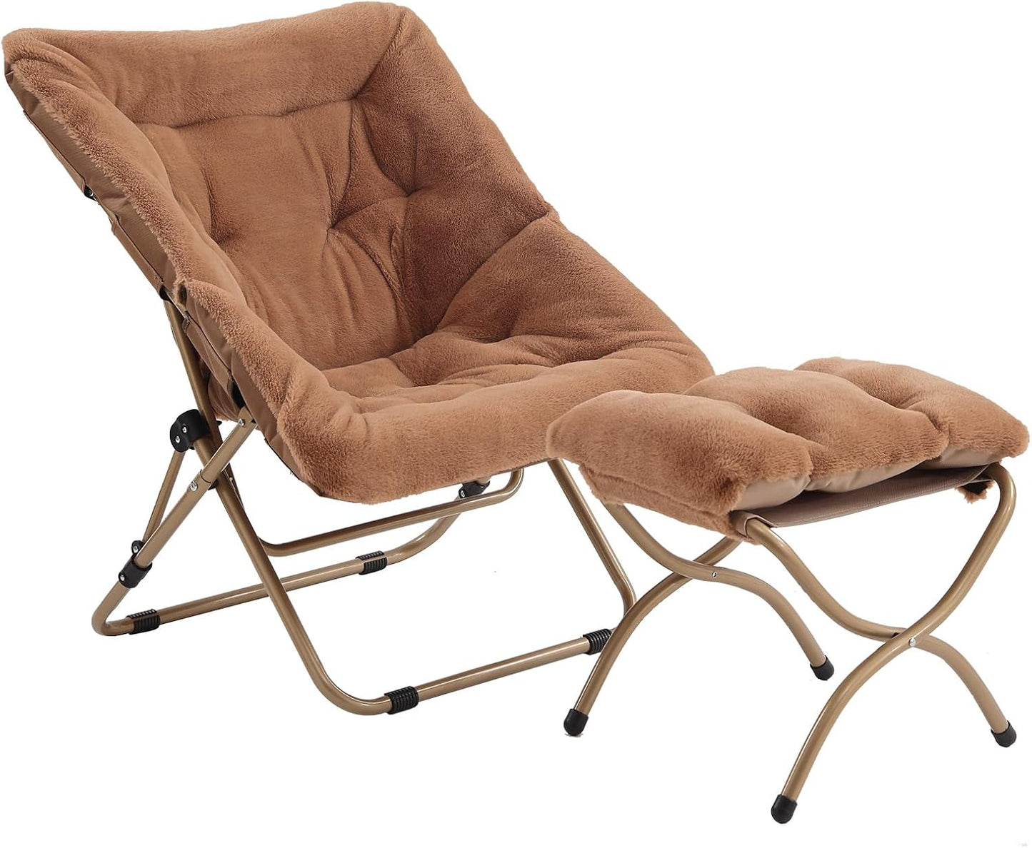 Tiita FoldedChair with Ottoman, Soft Faux Fur Oversized Folding Accent Chair,Lounge Lazy Chair, Metal Frame Moon Chair for Bedroom, Living Room, Dorm Rooms, Garden and Courtyard