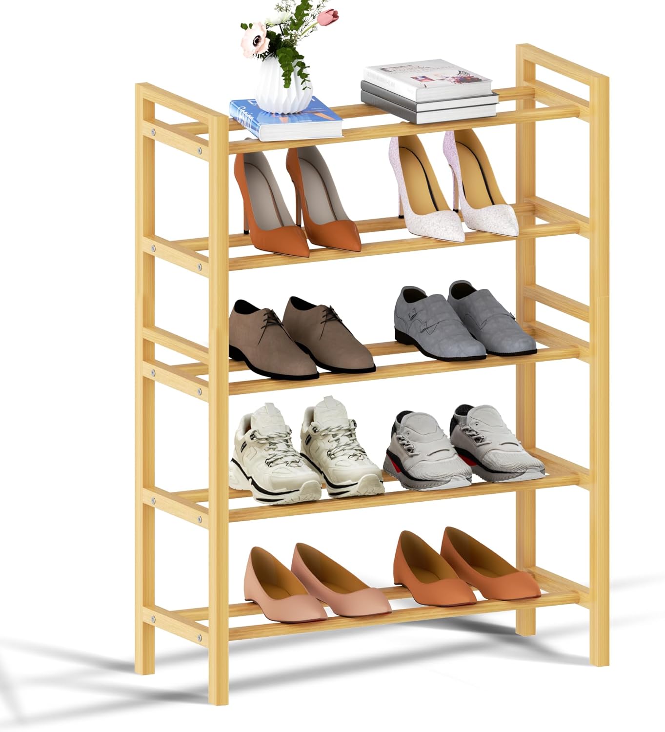 Haddockway Bamboo Shoe Rack for Closet, Free Standing Shoe Organizer with Smooth Round Rods & Convenient Handles, Stackable Shoe Storage Shelf for Entryway, Hallway(Natural, 5-Tier(Small))