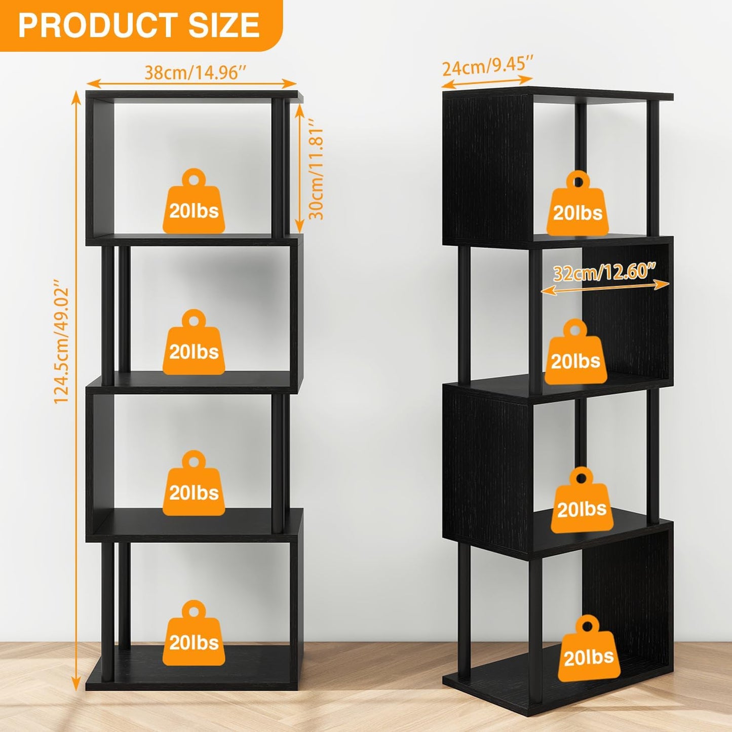 IBUYKE 5-Tier Tall Bookshelf,S-Shaped Geometric Bookcase, Wood Display Shelves with Storage,Modern Bookshelf for Living Room Bedroom, Home Office, Black WBC015B