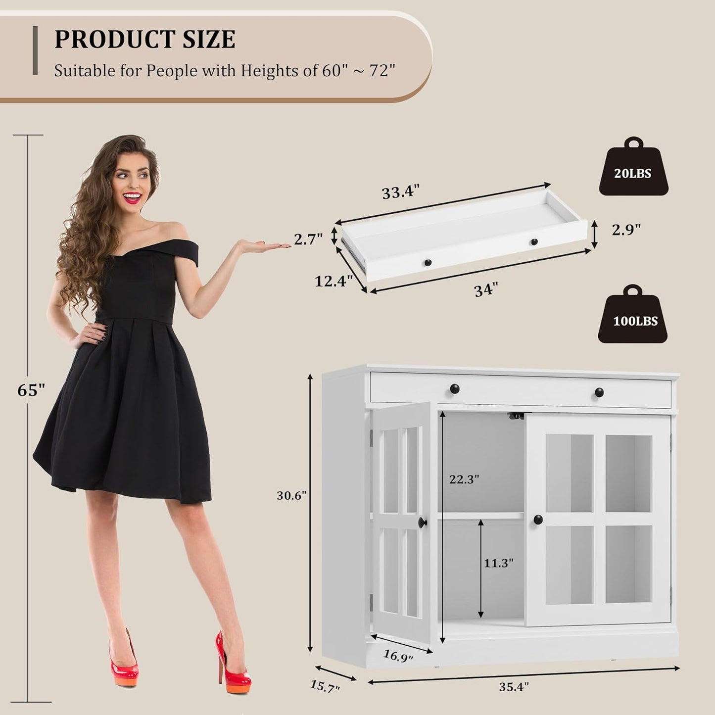 GarveeHome 35.4" Sideboard Buffet Cabinets with Glass Door, Buffet Cabinet with Storage, White Sideboard Cabinet with Drawer, Modern Buffets & Sideboards for Dining Room, Kitchen