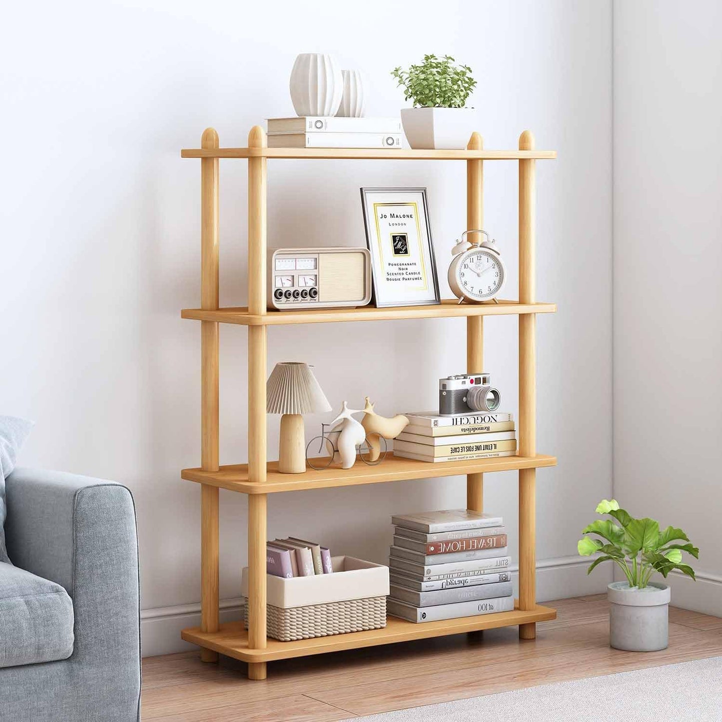 IOTXY 4-Tier Wooden Shelf Bookcase - Modern Open Bookshelf, Free Standing Storage Rack, Multifunctional Display Stand for Home and Office, Oak, Rectangle