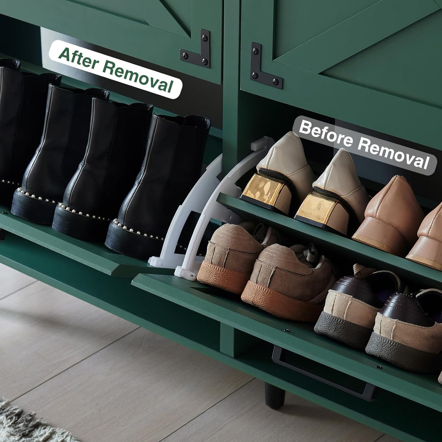 Shoe Storage Cabinet,Farmhouse Shoe Organizer with 4 Flip Drawers & Barn Door Design,Freestanding Hidden Slim Narrow Shoe Rack Cabinet for Entryway,Foyer,Hallway,Green