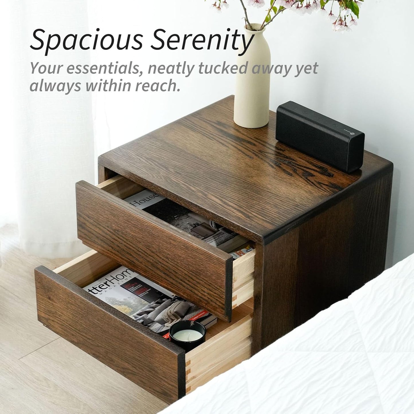 Night Stand, Mid Century Modern Nightstand w/2 Drawers, Boho Small Bedside Table, Oak Solid Wood, 17.72 W x 15.75 D x 19.69 H Inches (Walnut, Double Drawer)