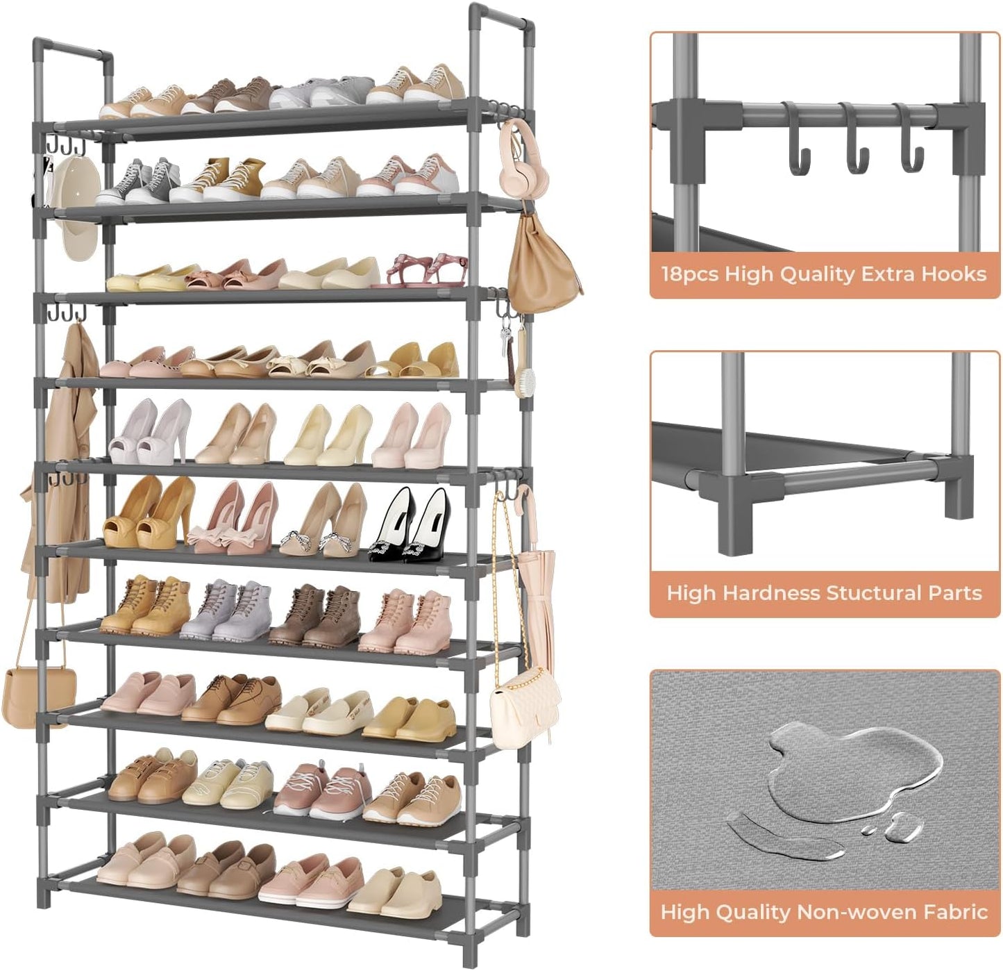 Tall Shoe Rack 10 Tier Shoe Organizer Large Shoe Shelf with 18 Hooks Storage for 50 Pair Sneaker and Boot, Stackable Vertical Shoe Rack Organizer for Closet, Entryway, Bedroom, Grey