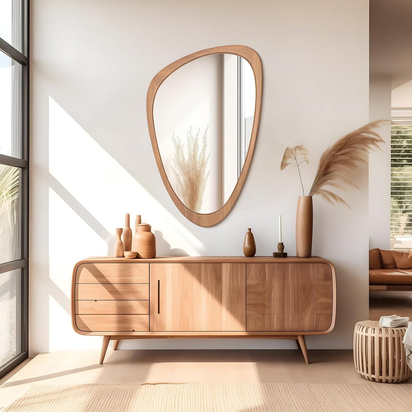 WallBeyond Asymmetrical Mirror, Irregular Wall Mirror, Wall Mirrors Decorative for Bedroom Living Room Entryway Hall, Wood Mirror for mid Century Modern Decor 36" H x 23" W