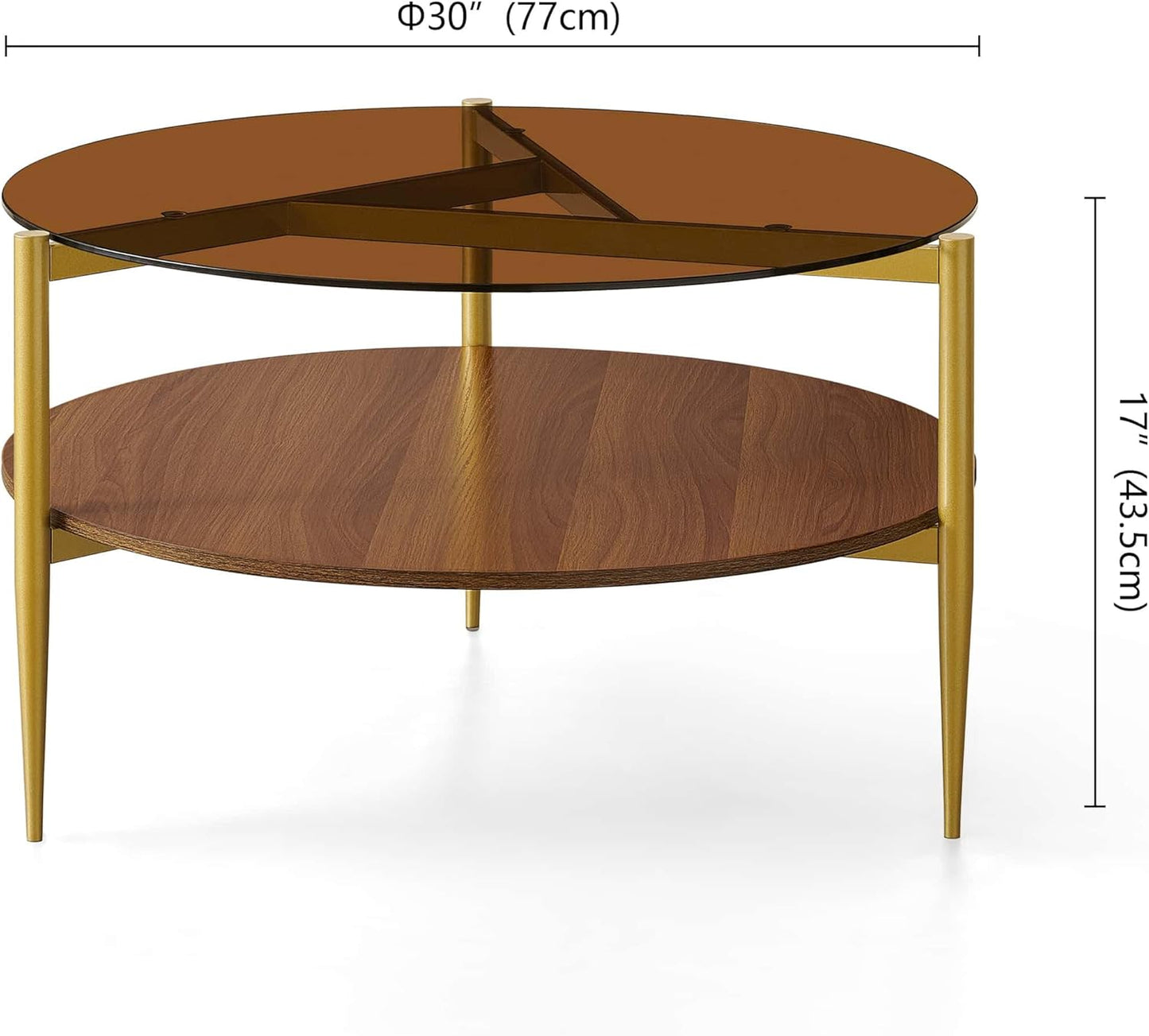 Round Coffee Table, Mid-Century Modern Design, D30*H17 inch, for Living Room, 2-Tier Structure, Amber Glass Top and Walnut Wood Shelf, Sleek Conical Metal Legs with Gold Finish