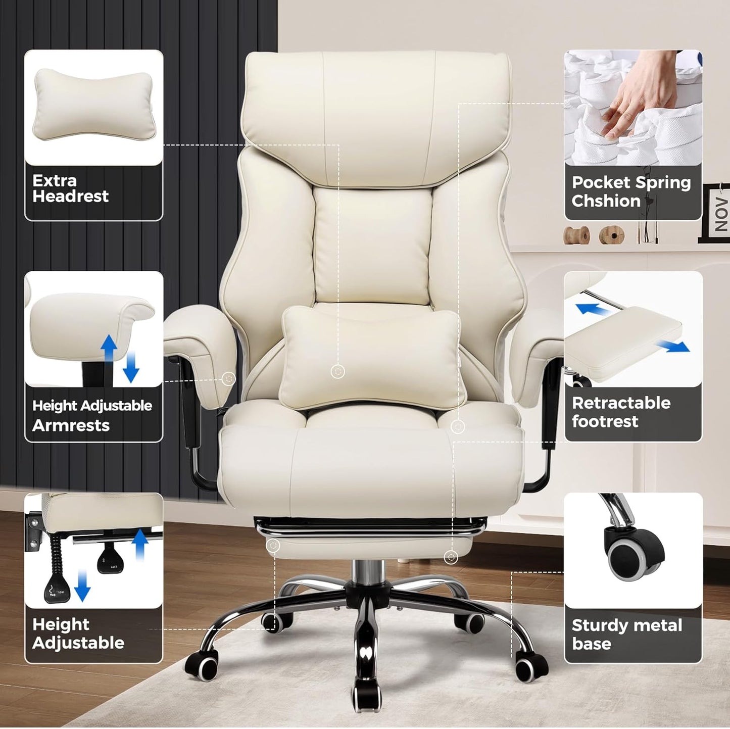 COMHOMA Big and Tall Office Chair 400lbs High Back Leather Executive Chair with Ergonomic Lumbar Support & Pocket Spring Cushion for Lower Back Pain Relief, Computer Gaming Chair with Foot Rest, Beige