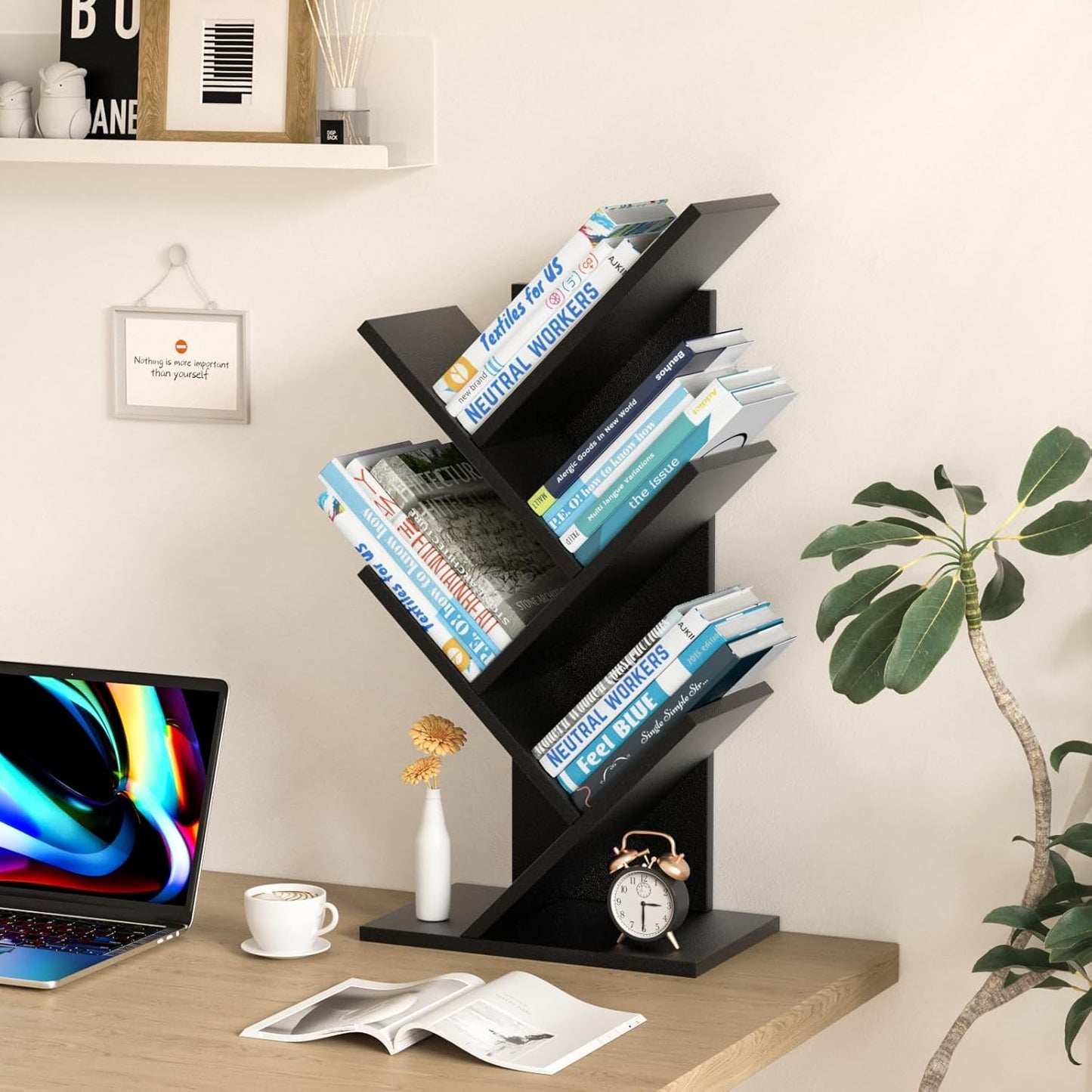 5 Tier Tree Book Shelf, Small Desktop Bookshelf with Storage Organizer, Wood Bookcase, Desk Display Bookshelves, Floor Standing Organizer Bookcases for Living Room,Bedroom,Office-Black