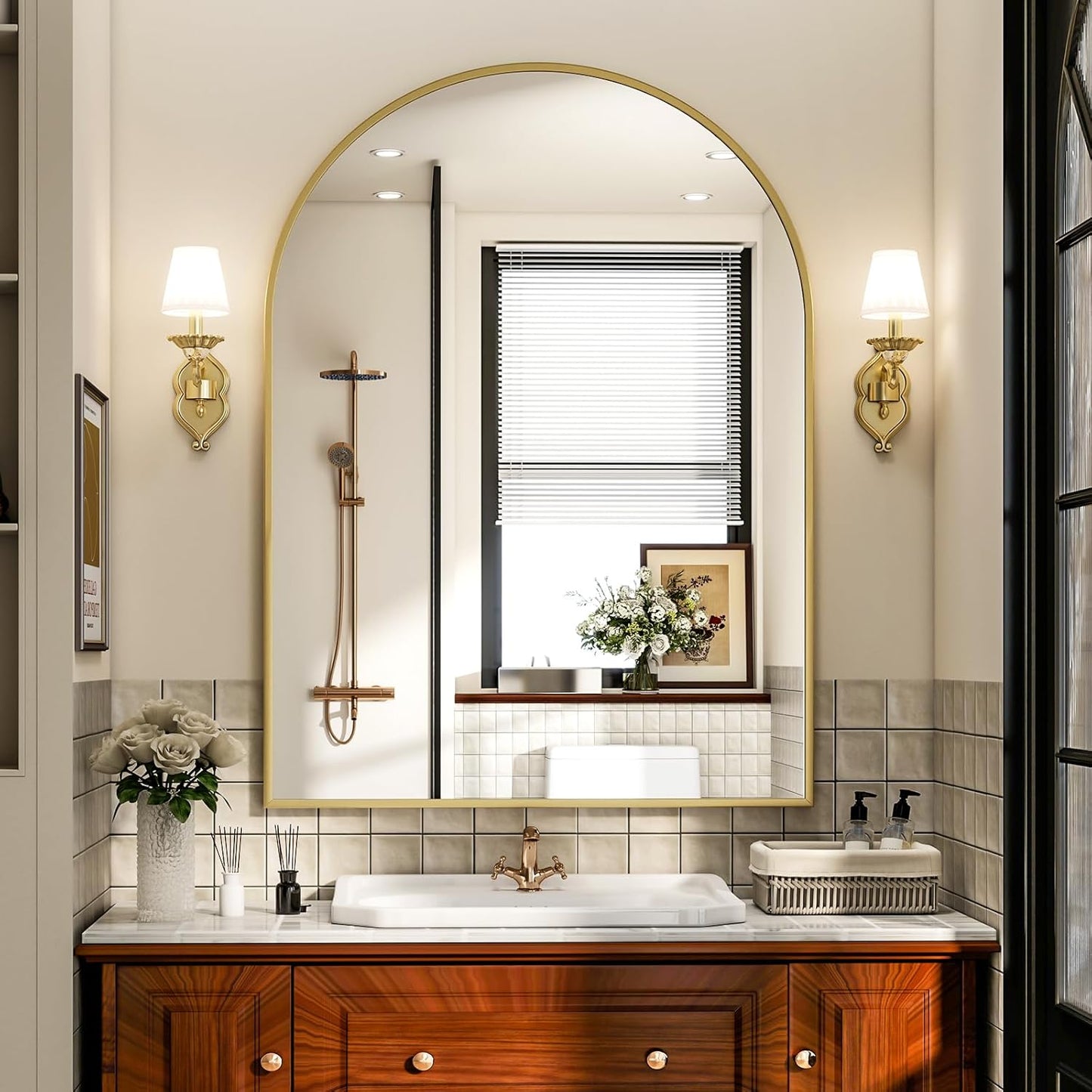Arch Bathroom Mirror, 24x36 Inch - Wall Mounted Vanity Mirror with Aluminum Alloy Frame - Ideal for Living Room, Bedroom, Bathroom, and Entryway, Hanging or Leaning, Gold