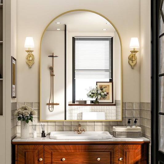 Arch Bathroom Mirror, 24x36 Inch - Wall Mounted Vanity Mirror with Aluminum Alloy Frame - Ideal for Living Room, Bedroom, Bathroom, and Entryway, Hanging or Leaning, Gold