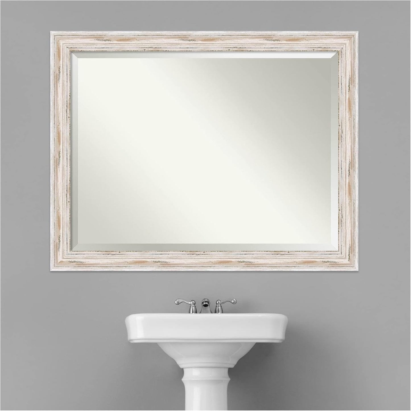 Amanti Art White Bathroom Mirror for Over Sink, 35x45 Alexandria White Wash Rectangle Vanity Mirror, X-Large Coastal Wood Frame, Hangs Horizonally and Vertically, Bathroom Wall Decor, Beveled Edge