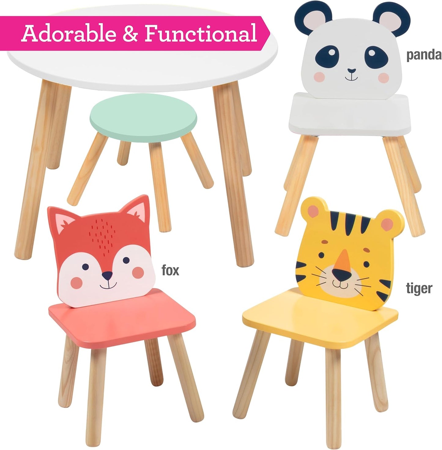 Kids Wooden Animal Table & Chair Set w 4 Seats- Tiger Panda & Fox Plus Adult Stool for Arts Crafts, Dining, Pretend Play- Durable Playroom Furniture for Home Daycare Classroom- Toddler Activity Center