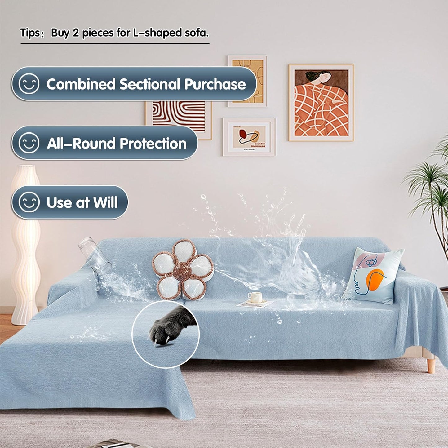 STACYPIK Waterproof Sky Blue Loveseat Couch Cover for Sectional, Couch Cover for Dogs, Anti-Slip Anti-Cat Scratch Furniture Protector for 2 Cushion Couch, Modern Couch Cushion Covers for Pets-71X90IN